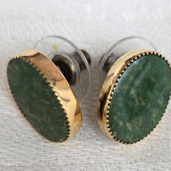 Unmarked Jewelry - Vintage Gold Plate 925 Sterling & Jade Earrings w/Posts